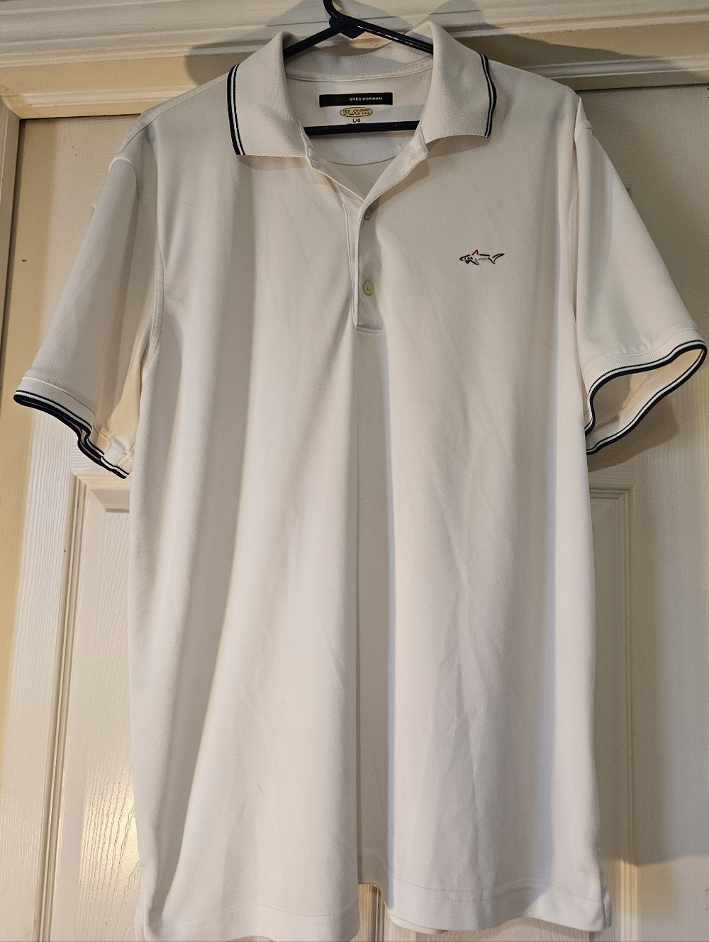 Men's Greg Norman Play Dry White W/Blue Trim S/S Golf Polo